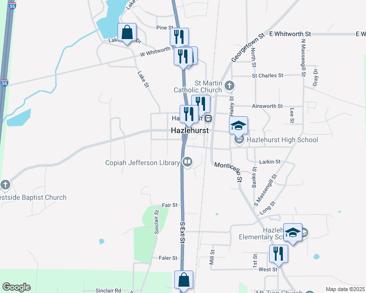map of restaurants, bars, coffee shops, grocery stores, and more near 240 South Extension Street in Hazlehurst