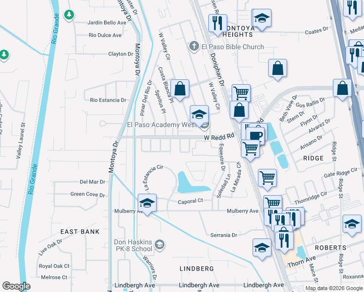 map of restaurants, bars, coffee shops, grocery stores, and more near 5537 Oakbriar Circle in El Paso