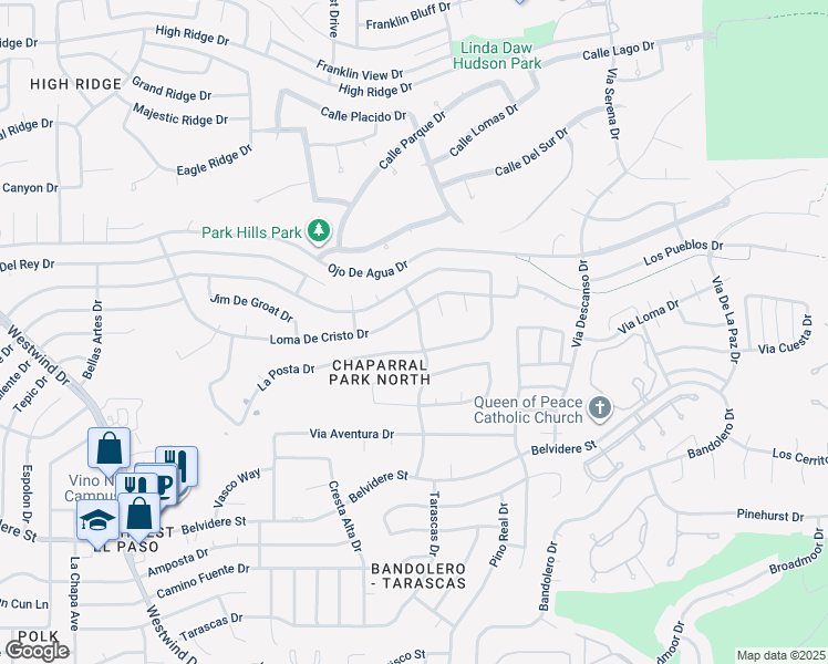 map of restaurants, bars, coffee shops, grocery stores, and more near 927 Bellacumbre Drive in El Paso
