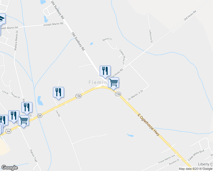map of restaurants, bars, coffee shops, grocery stores, and more near 58 Old Sunbury Road in Hinesville