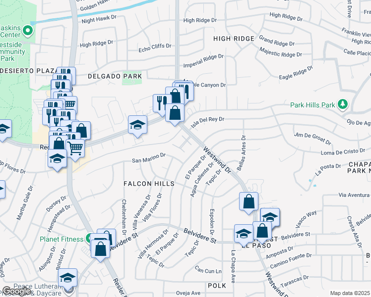map of restaurants, bars, coffee shops, grocery stores, and more near 7167 Seco Palm Street in El Paso