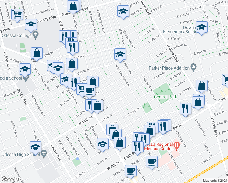 map of restaurants, bars, coffee shops, grocery stores, and more near 1502 North Hancock Avenue in Odessa