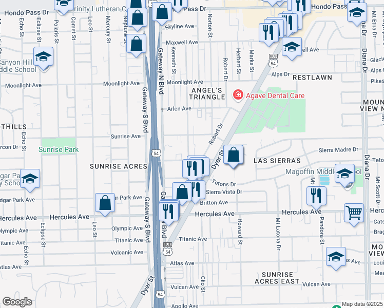 map of restaurants, bars, coffee shops, grocery stores, and more near 4532 Sunrise Avenue in El Paso