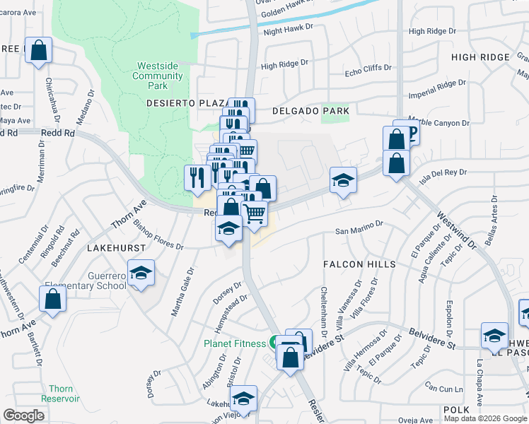 map of restaurants, bars, coffee shops, grocery stores, and more near 430 East Redd Road in El Paso