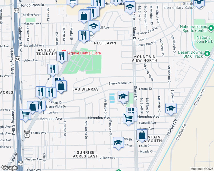 map of restaurants, bars, coffee shops, grocery stores, and more near 4915 Sierra Madre Drive in El Paso