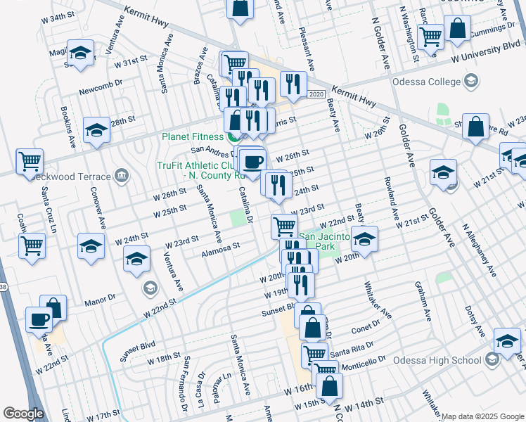map of restaurants, bars, coffee shops, grocery stores, and more near 2323 North County Road West in Odessa