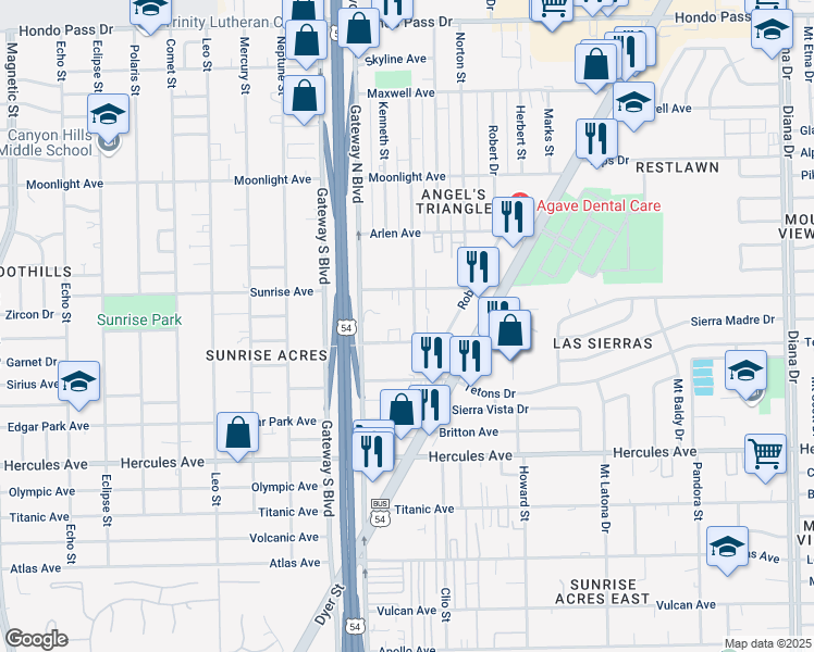 map of restaurants, bars, coffee shops, grocery stores, and more near 4426 Sunrise Avenue in El Paso