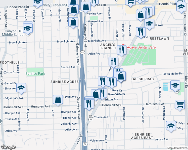 map of restaurants, bars, coffee shops, grocery stores, and more near 4426 Sunrise Avenue in El Paso