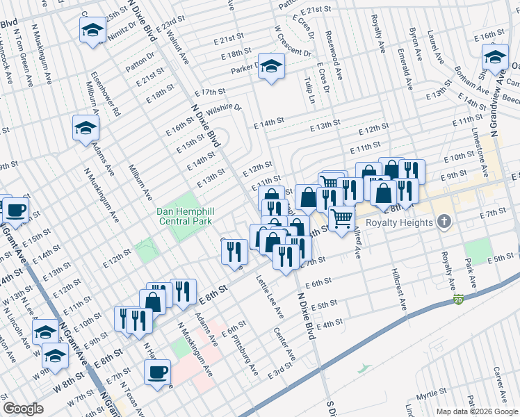 map of restaurants, bars, coffee shops, grocery stores, and more near 1050 North Dixie Boulevard in Odessa