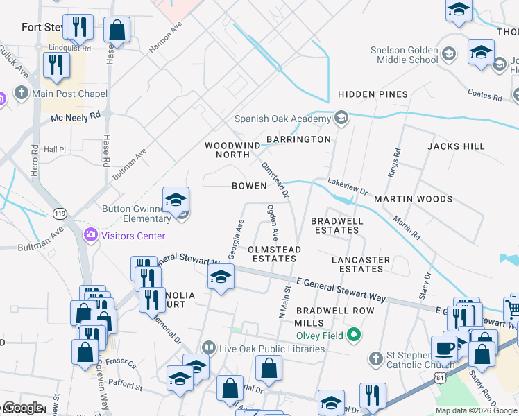 map of restaurants, bars, coffee shops, grocery stores, and more near 631 Georgia Avenue in Hinesville