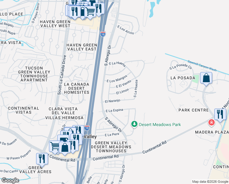 map of restaurants, bars, coffee shops, grocery stores, and more near 117 East el Limon in Green Valley