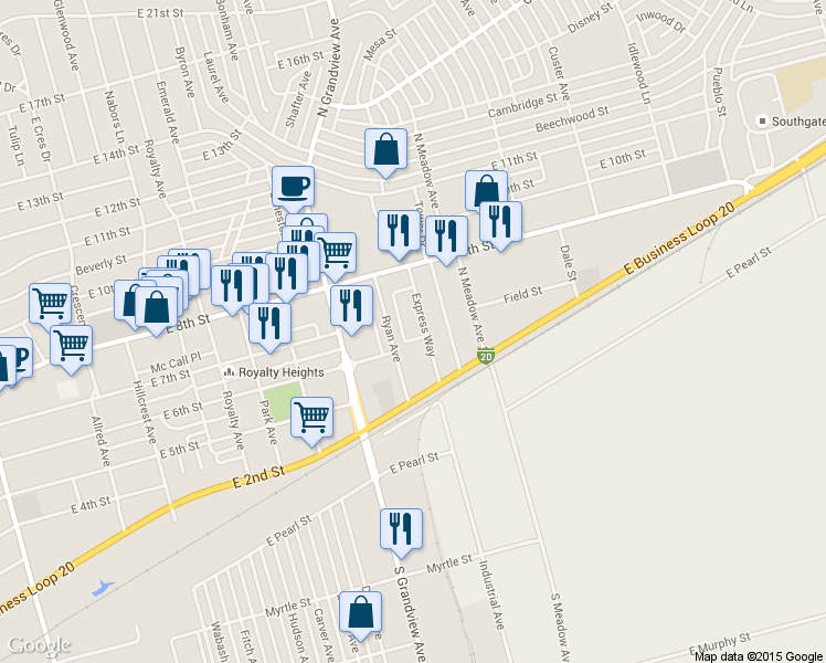 map of restaurants, bars, coffee shops, grocery stores, and more near 600 Express Way in Odessa