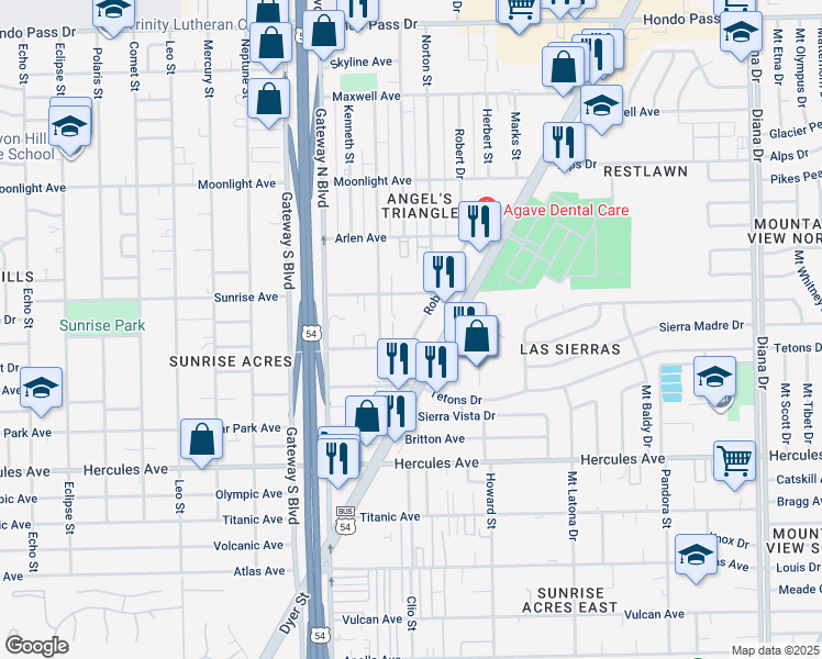map of restaurants, bars, coffee shops, grocery stores, and more near 4532 Sunrise Avenue in El Paso