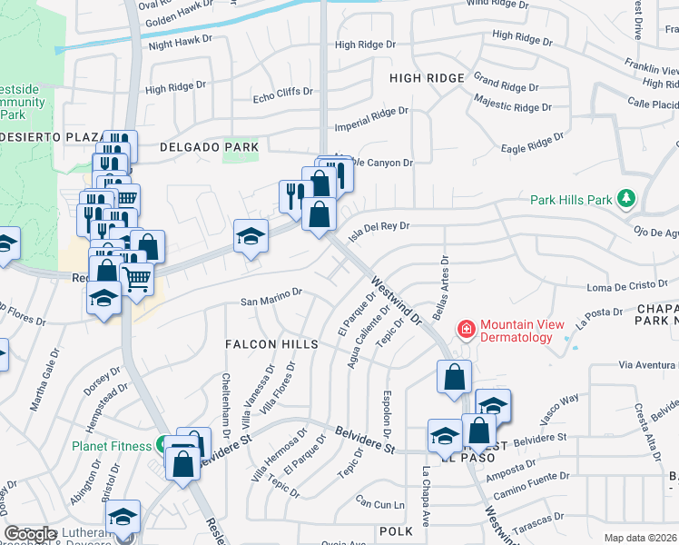 map of restaurants, bars, coffee shops, grocery stores, and more near 7167 Seco Palm Street in El Paso