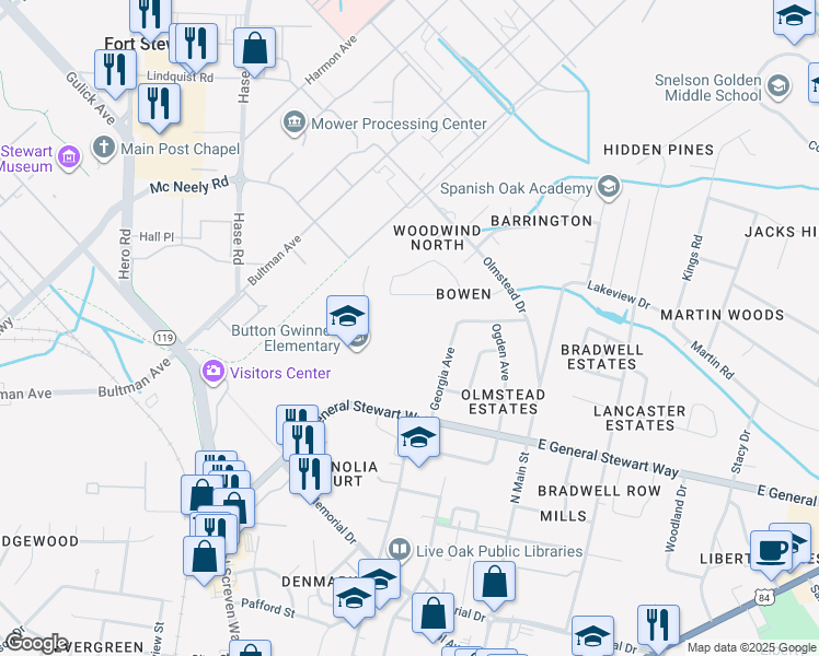 map of restaurants, bars, coffee shops, grocery stores, and more near 600 Taylor Road in Hinesville
