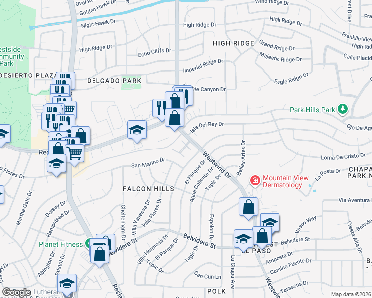 map of restaurants, bars, coffee shops, grocery stores, and more near 7167 Seco Palm Street in El Paso