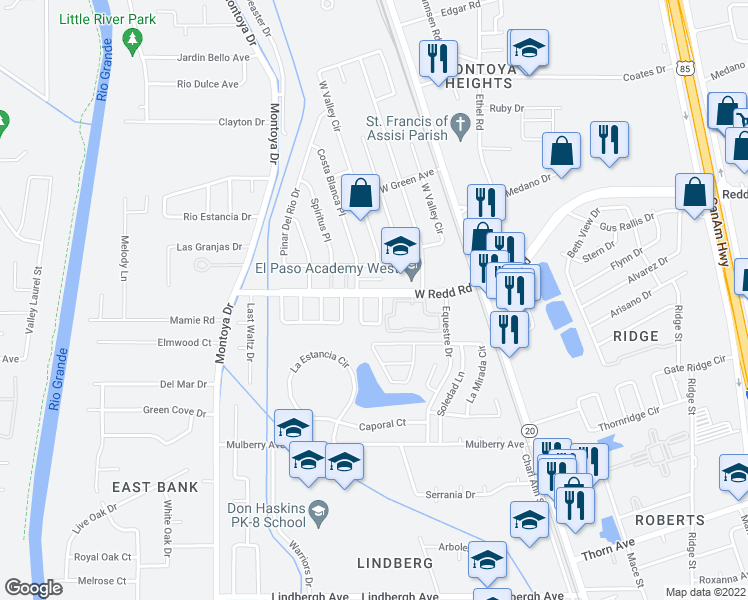 map of restaurants, bars, coffee shops, grocery stores, and more near 5501 Oakbriar Circle in El Paso