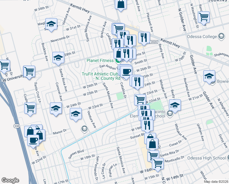 map of restaurants, bars, coffee shops, grocery stores, and more near 1410 West 24th Street in Odessa