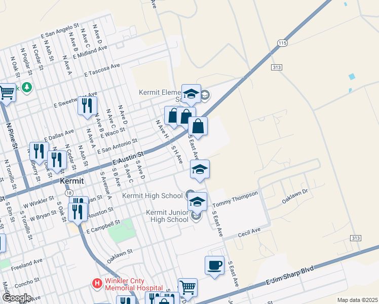 map of restaurants, bars, coffee shops, grocery stores, and more near 100-258 South East Avenue in Kermit