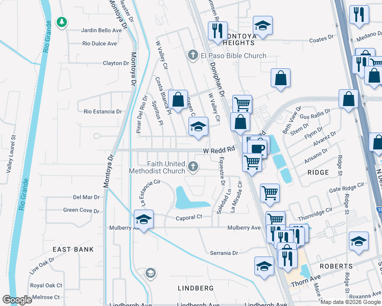 map of restaurants, bars, coffee shops, grocery stores, and more near 5501 Oakbriar Circle in El Paso