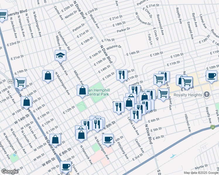 map of restaurants, bars, coffee shops, grocery stores, and more near 906 East 12th Street in Odessa