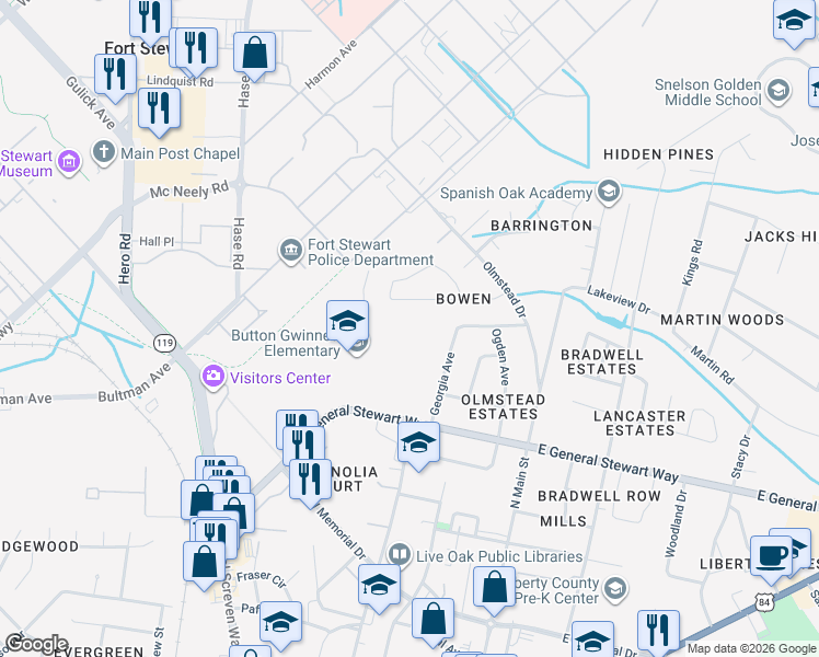 map of restaurants, bars, coffee shops, grocery stores, and more near 600 Taylor Road in Hinesville