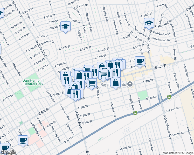 map of restaurants, bars, coffee shops, grocery stores, and more near 1401 East 8th Street in Odessa
