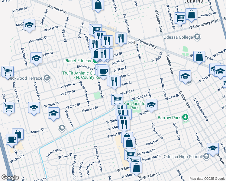 map of restaurants, bars, coffee shops, grocery stores, and more near 2323 North County Road West in Odessa