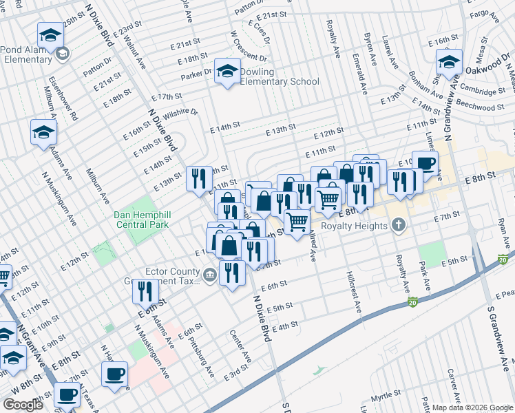map of restaurants, bars, coffee shops, grocery stores, and more near 1505 East 10th Street in Odessa