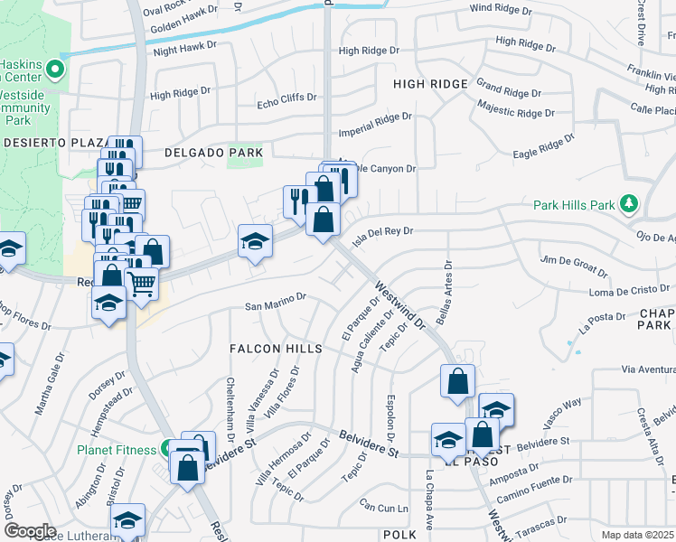 map of restaurants, bars, coffee shops, grocery stores, and more near 7167 Seco Palm Street in El Paso