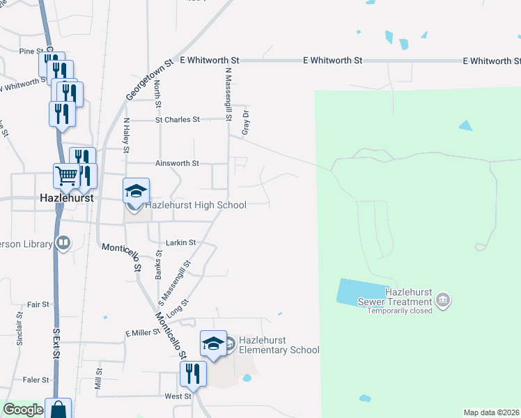 map of restaurants, bars, coffee shops, grocery stores, and more near 128 Autumn Street in Hazlehurst