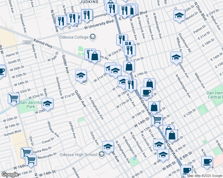 map of restaurants, bars, coffee shops, grocery stores, and more near 1901 North Lincoln Avenue in Odessa