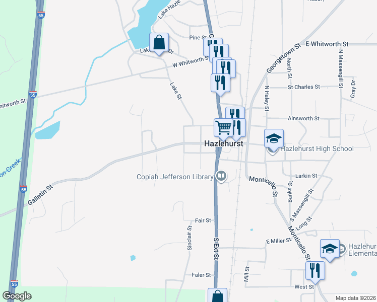 map of restaurants, bars, coffee shops, grocery stores, and more near 214 Downing Street in Hazlehurst
