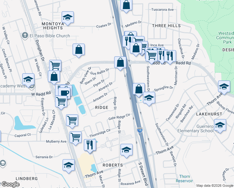 map of restaurants, bars, coffee shops, grocery stores, and more near 5488 Ridge Street in El Paso
