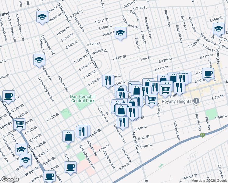 map of restaurants, bars, coffee shops, grocery stores, and more near 1050 North Dixie Boulevard in Odessa