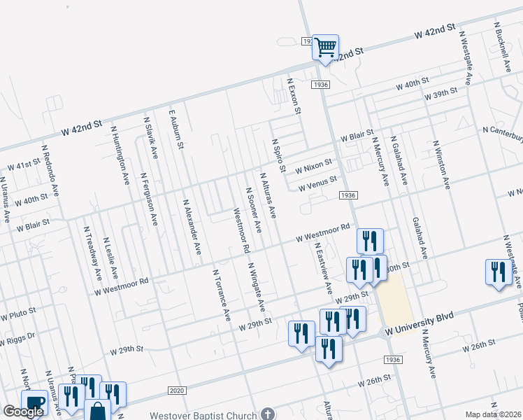 map of restaurants, bars, coffee shops, grocery stores, and more near 3571 North Alturas Avenue in Odessa