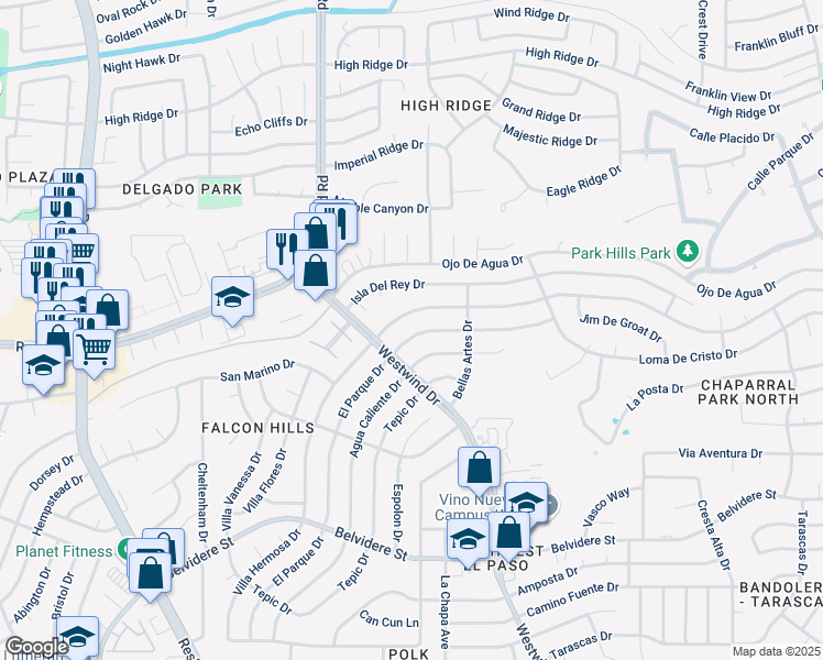 map of restaurants, bars, coffee shops, grocery stores, and more near 6733 El Parque Drive in El Paso