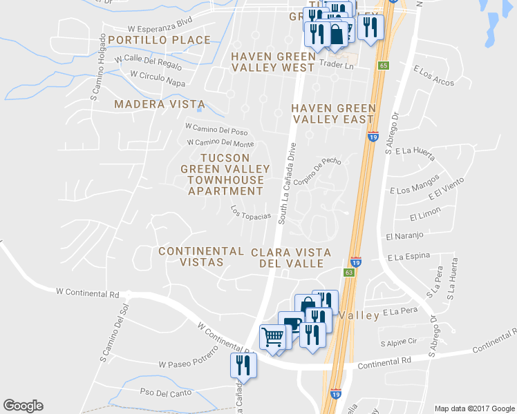 map of restaurants, bars, coffee shops, grocery stores, and more near 723 South Los Zafiros in Green Valley