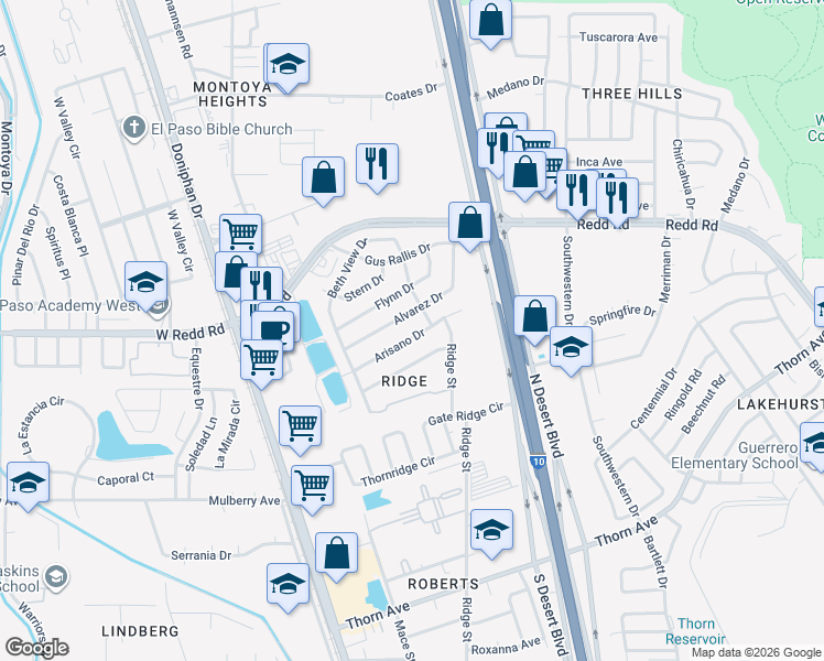 map of restaurants, bars, coffee shops, grocery stores, and more near 272 Arisano Drive in El Paso