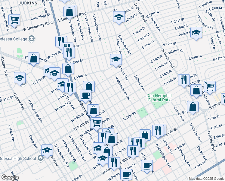 map of restaurants, bars, coffee shops, grocery stores, and more near 1509 North Tom Green Avenue in Odessa