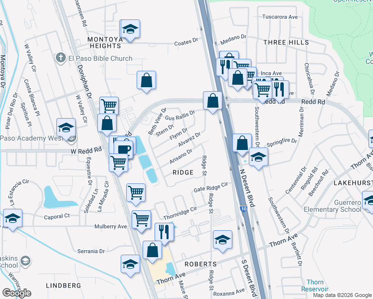 map of restaurants, bars, coffee shops, grocery stores, and more near 272 Arisano Drive in El Paso