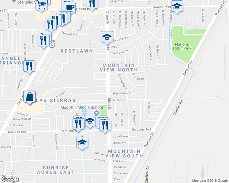 map of restaurants, bars, coffee shops, grocery stores, and more near 5013 Sierra Madre Drive in El Paso