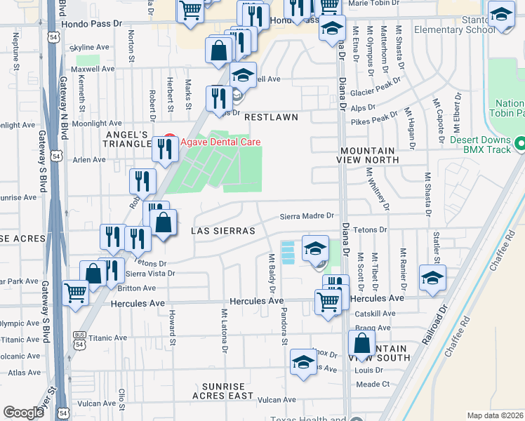 map of restaurants, bars, coffee shops, grocery stores, and more near 8708 Mount Baldy Drive in El Paso
