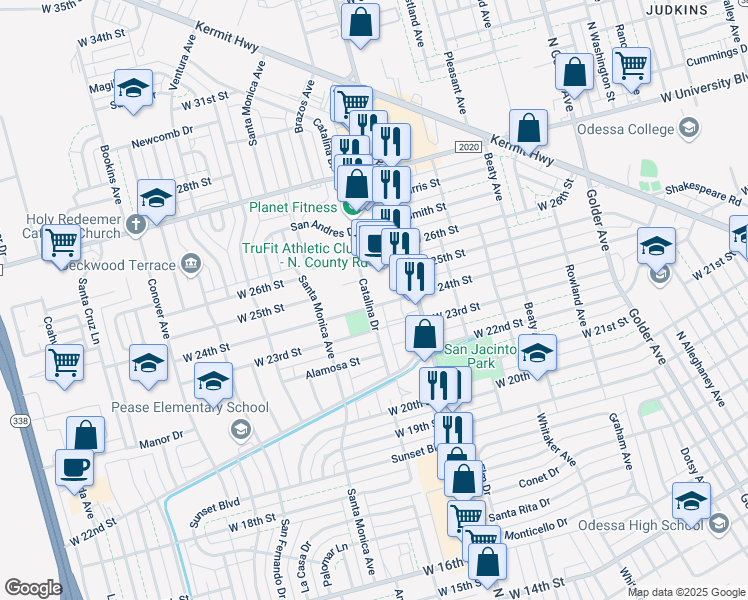 map of restaurants, bars, coffee shops, grocery stores, and more near 2400 Catalina Drive in Odessa