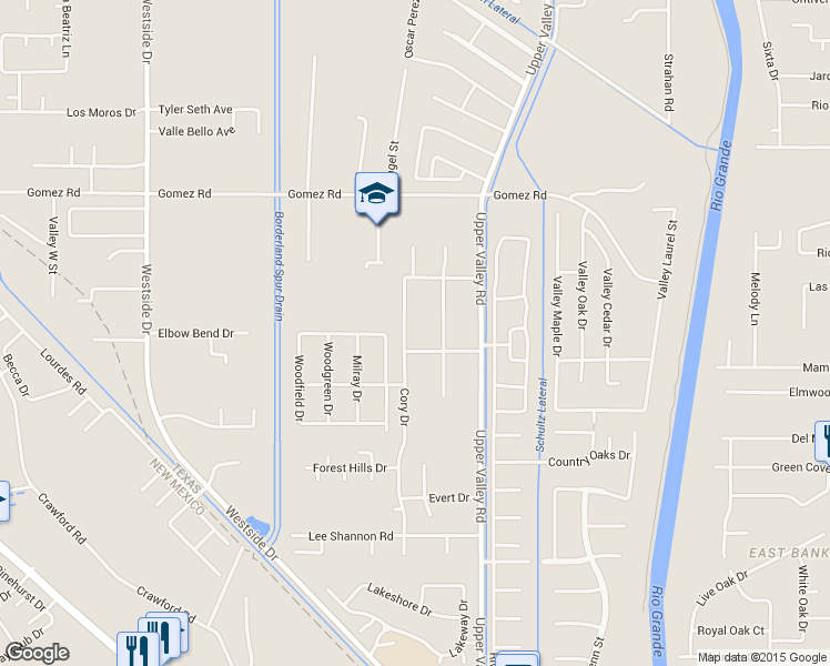 map of restaurants, bars, coffee shops, grocery stores, and more near 5636 Cory Drive in El Paso