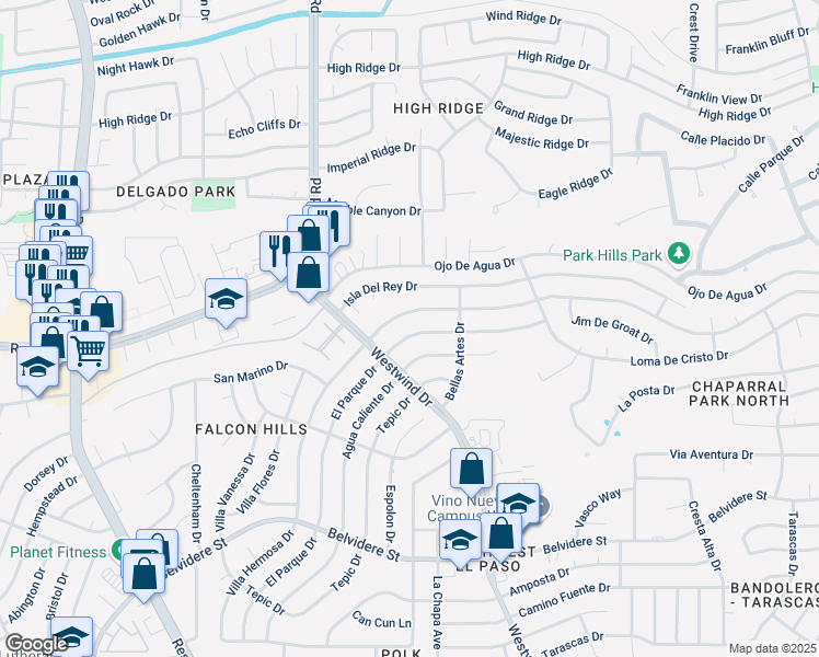 map of restaurants, bars, coffee shops, grocery stores, and more near 6733 El Parque Drive in El Paso