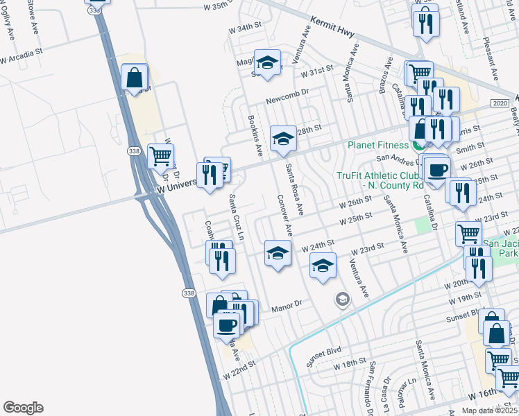 map of restaurants, bars, coffee shops, grocery stores, and more near 1903 Baca Drive in Odessa