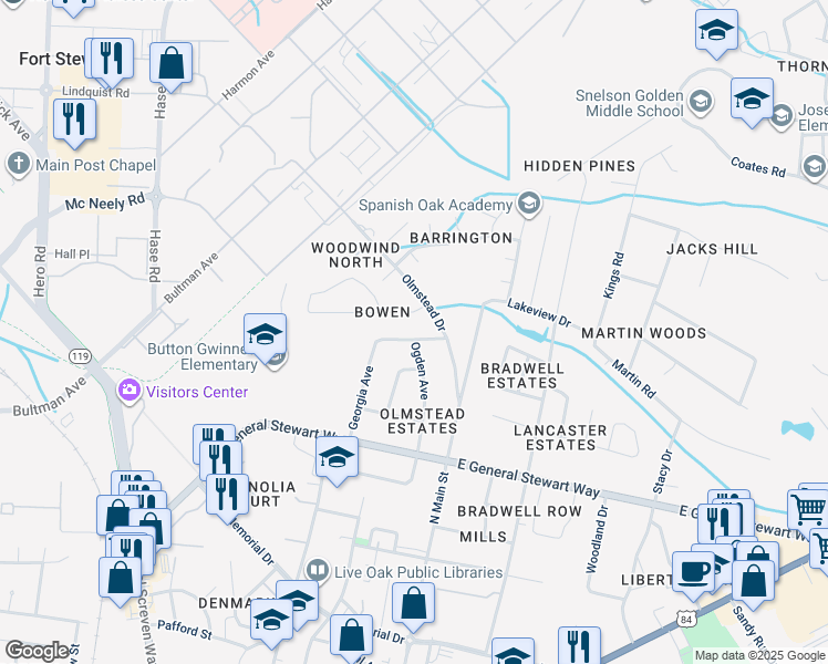 map of restaurants, bars, coffee shops, grocery stores, and more near 631 Georgia Avenue in Hinesville