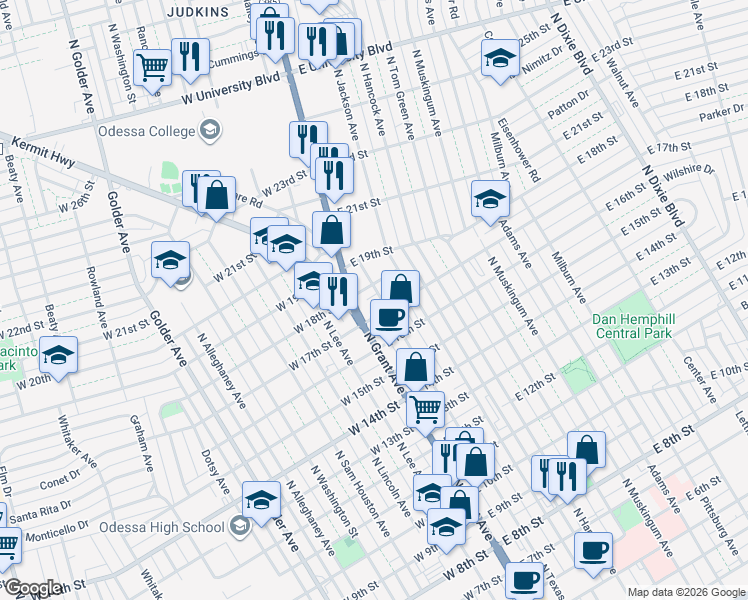 map of restaurants, bars, coffee shops, grocery stores, and more near 1705 North Texas Avenue in Odessa