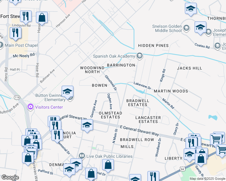 map of restaurants, bars, coffee shops, grocery stores, and more near 631 Georgia Avenue in Hinesville